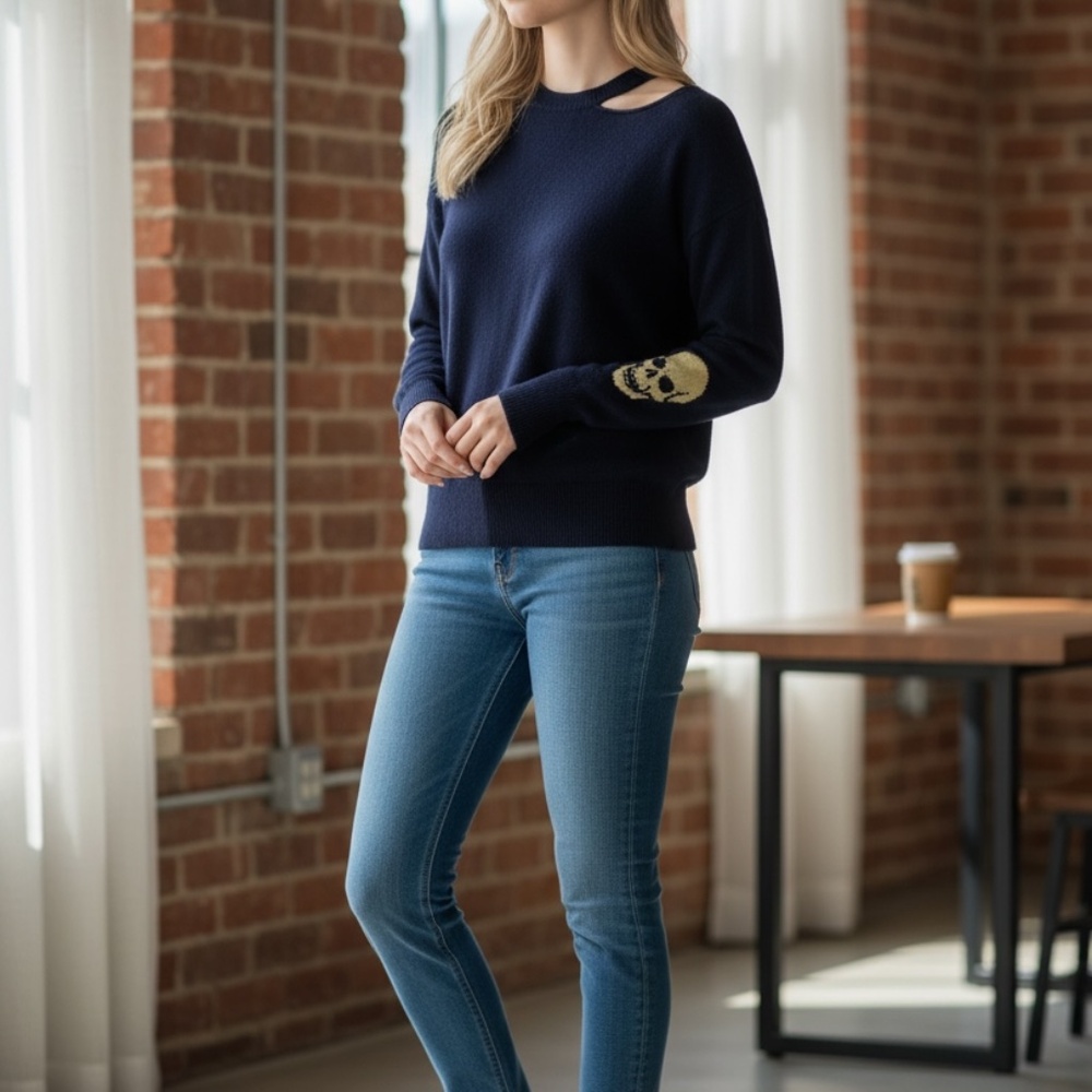Skull Cashmere Navy Sweater with Yellow Skull on Sleeve - Size Small